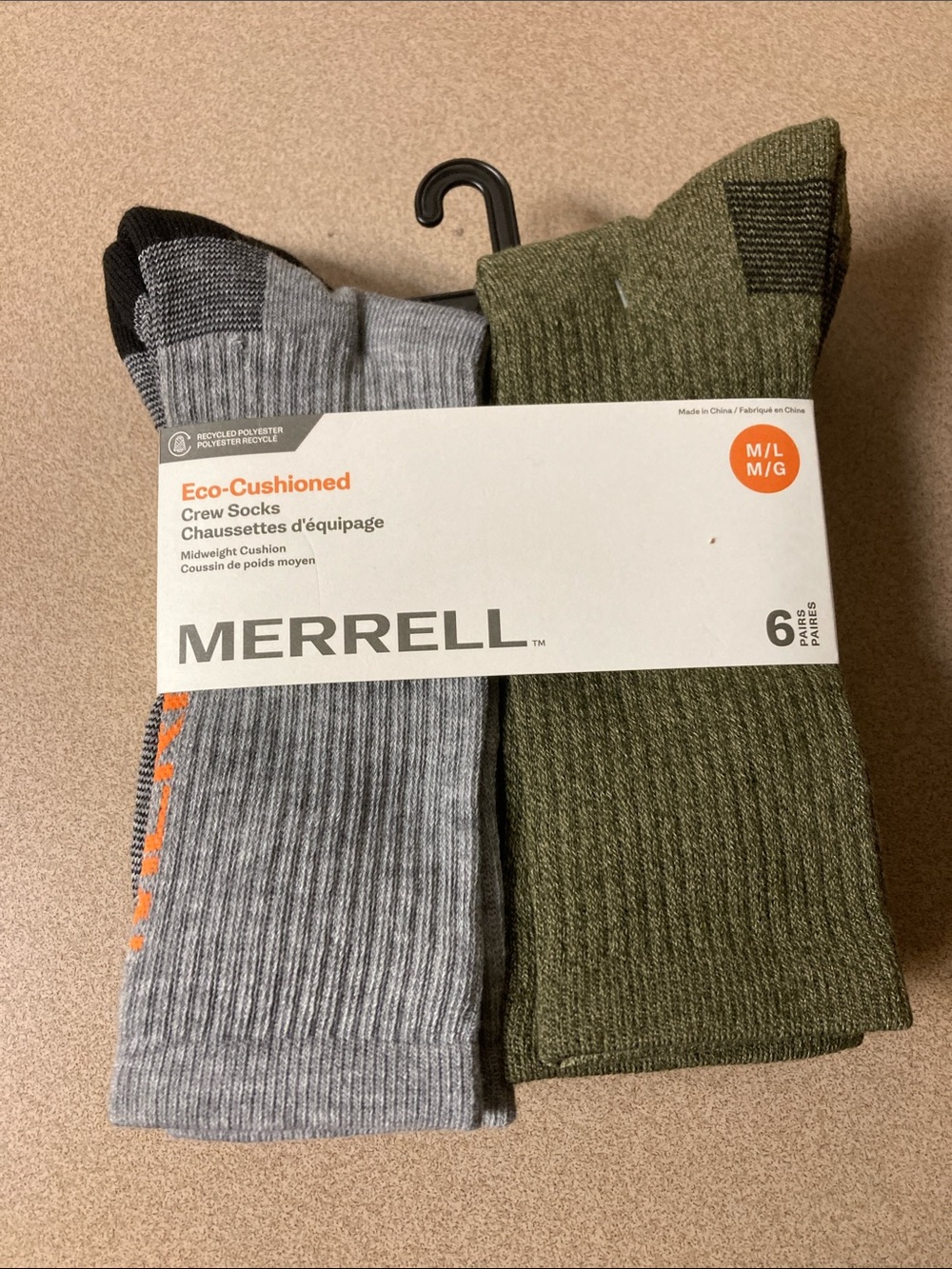 Merrell Crew Eco-Cushioned Socks - Olive Green & Heather Gray